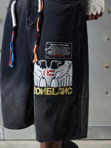 NEON BLANC 男士街头风格字母印花短牛仔短裤，街头风情 - 黑色 - 查看 5
