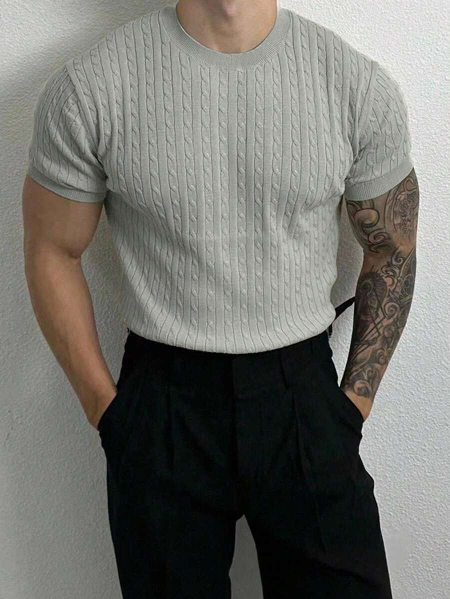 Manfinity Homme 男式纯色麻花图案圆领短袖针织毛衣 - 淺灰色 - 查看 1