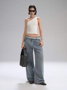 LYSMO 2025年夏季新款女式不对称露背单肩修身上衣，金属环细节和侧系带设计。完美契合辣妹风格、极简主义日常穿着和前卫休闲时尚，不对称上衣 - 白色 - 查看 8