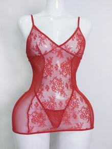 Conjunto de 2 piezas Camisón sexy de encaje y parches de color rojo para mujer - Rojo - Ver 6