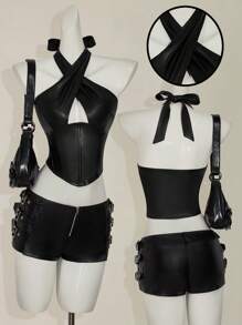 SHEIN ICON Y2k Going Out Summer Sexy Concert Burgundy PU Leather Halter Neck Women's Sexy Solid Backless Halter Tank Top, Summer - Black - View 4