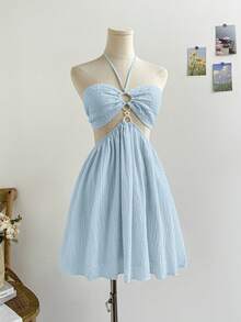 Soleia 休闲度假时尚百搭性感吊带系带女式迷你连衣裙 - 淺藍色 - 查看 4