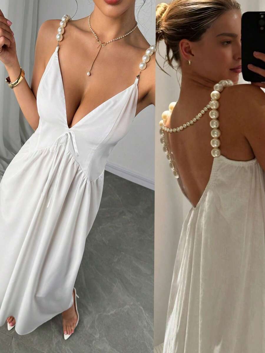 超大珍珠装饰细肩带休闲度假连衣裙 - 白色 - 查看 1