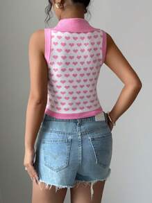 Elenzga Women Heart Pattern Front Button Camisole Thin Cardigan - Pink - View 2