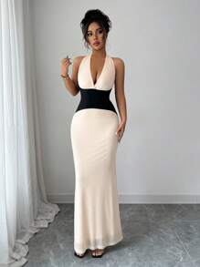 Selianne Women's Deep V-Neck Sleeveless Color Block Mermaid Hem Dress, Summer