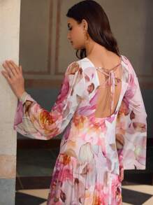 ZEYLAH Elegant V-Neck Ruched Waist Long Sleeve Dress With Print