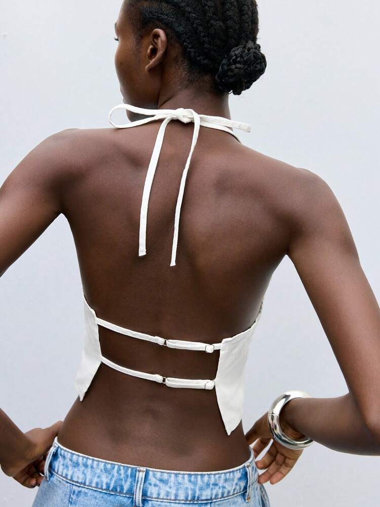 SHEIN Maija Women's Sexy Backless Top Halter Neck Tie White Denim Top Comfortable Light Denim Summer Vacation Wear, Night Out,Autumn Clothes For Women