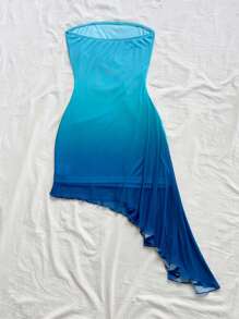SHEIN Tween Girl Fashionable Elegant Ombre Blue Strapless Dress - Blue - View 3