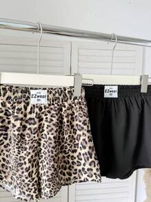 SHEIN Quần short mặc thường ngày rộng rãi màu đen trơn và họa tiết da báo cho bé gái tuổi teen, 2 chiếc/bộ, dành cho mùa hè - Nhiều màu - Xem 4