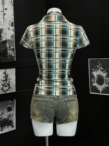 EgrlEra 女式夏季短袖格子荷叶边拼布衬衫