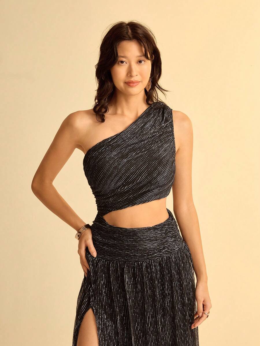 CAJUNI 1pc Women's Hollow Out Slit Dress, One Shoulder - Black - View 1