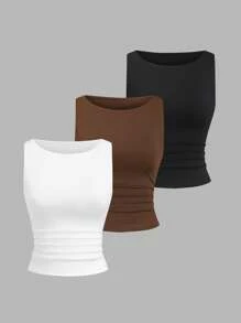 Sweetra 女士纯色褶皱 V 领黑色、白色、棕色吊带背心套装 - 彩色 - 查看 1