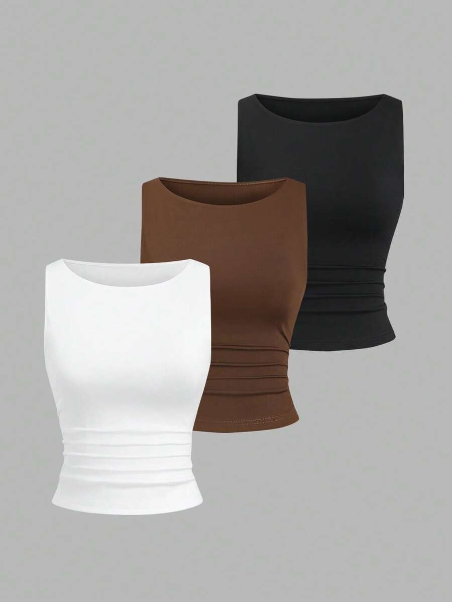 Sweetra 女士纯色褶皱 V 领黑色、白色、棕色吊带背心套装 - 彩色 - 查看 1