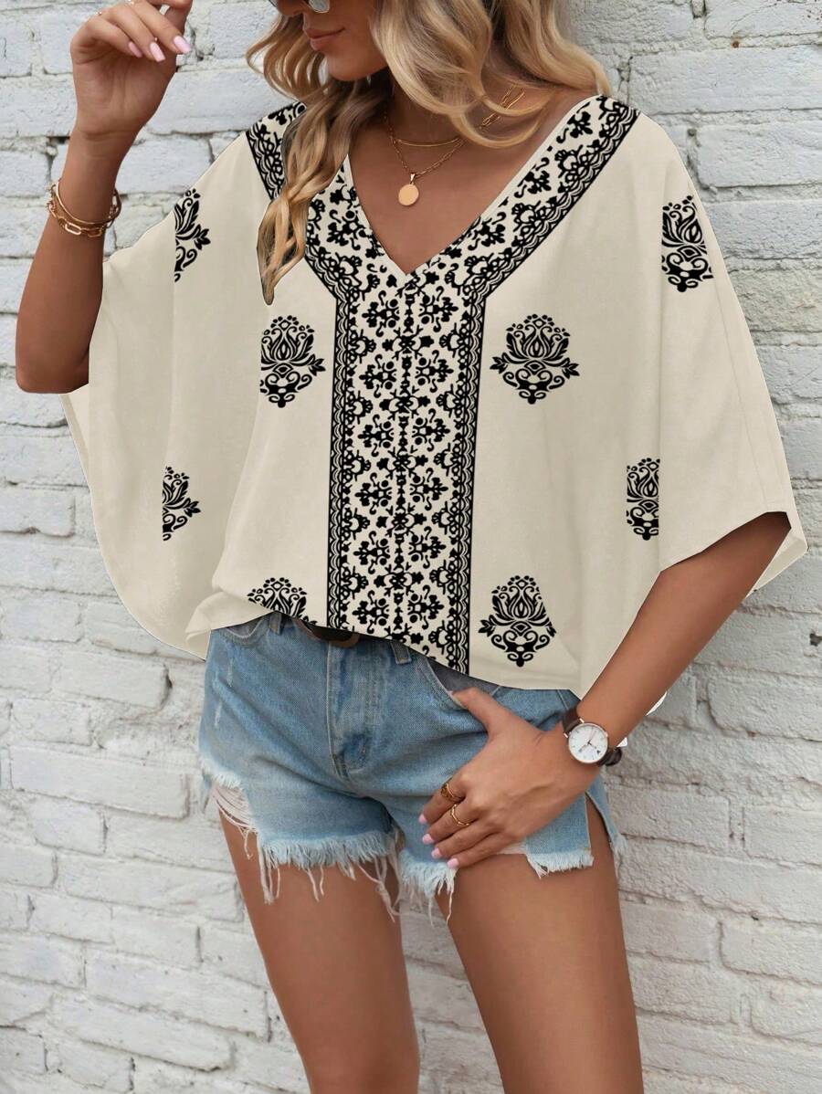 EMERY ROSE Women Woven Digital Print Batwing Sleeve V-Neck Casual Blouse