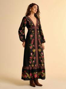 CAJUNI 女式波西米亚复古热带花卉印花泡泡长袖 V 领超长连衣裙，黑色 - 彩色 - 查看 3