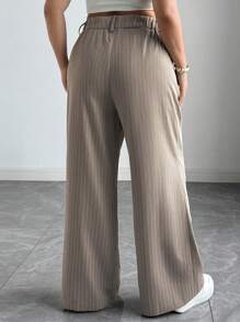SHEIN Tall 大码女式直筒宽松条纹休闲裤，舒适 - 咖啡棕 - 查看 2