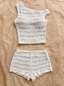 Soleia 2 件女式红白条纹针织不对称领口短款上衣和超低腰紧身短裤套装，适合度假、派对、圣诞节、情人节、约会、海滩、游轮、狂欢节、复活节