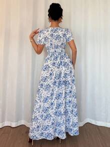 Elenzga Đầm dài tay bồng eo đàn hồi thanh lịch mùa hè cho nữ, Đầm maxi. Dành cho mùa xuân/hè, trang phục hòa nhạc cho nữ, thanh lịch phù hợp để đi làm hàng ngày, lễ hội âm nhạc, trang phục ngày lễ - Màu xanh lam - Xem 2