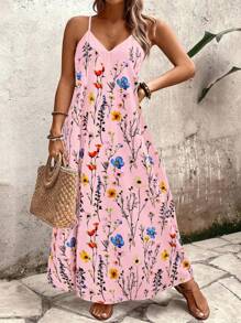 SHEIN Holidaya Váy Maxi Trơn In Hoa Cỡ Lớn Cho Nữ, Mùa Hè - Hồng - Xem 6
