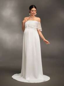 SHEIN 孕妇摄影蕾丝流苏装饰单肩长裙，洗礼派对 - 白色 - 查看 5