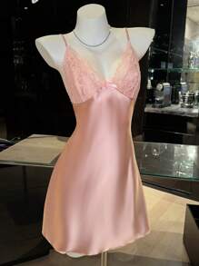 Camisola de Seda Falsa Camisola com Costas Abertas Sexy de Retalhos em Renda para Mulheres