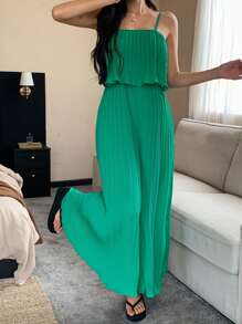 DAZY Piyama Jumpsuit Tanpa Lengan Longgar Berlipit Warna Polos, Pakaian Kembali ke Sekolah - Hijau - View 6