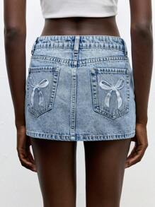 Maija Váy denim xanh nữ, váy ngắn cạp thấp, thêu nơ tinh tế, váy denim mùa hè phong cách đại học, đi chơi - Rửa nhẹ - Xem 6