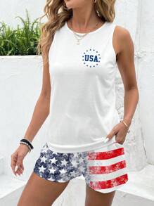 EMERY ROSE 2 Stück/Set Damen Große Größen 4. Juli USA Flagge Muster Sommer Set - Blau-Weiß - Übersicht 5