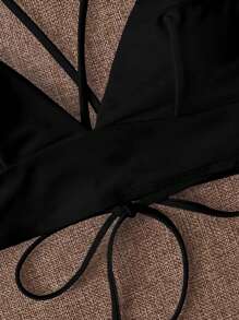 SHEIN Swim 女士纯色系带装饰性感比基尼上衣，适合夏季海滩 - 黑色 - 查看 3