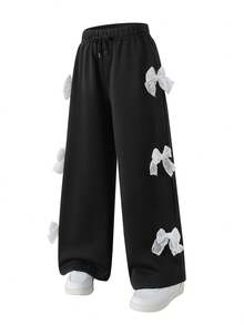 Young Girls Casual Lace Bow Knot Wide-Leg Pants, Sportswear Pants With Bows Bow Pants Lace Bow Pants Kawaii Pants Cute Pants - Black - View 1