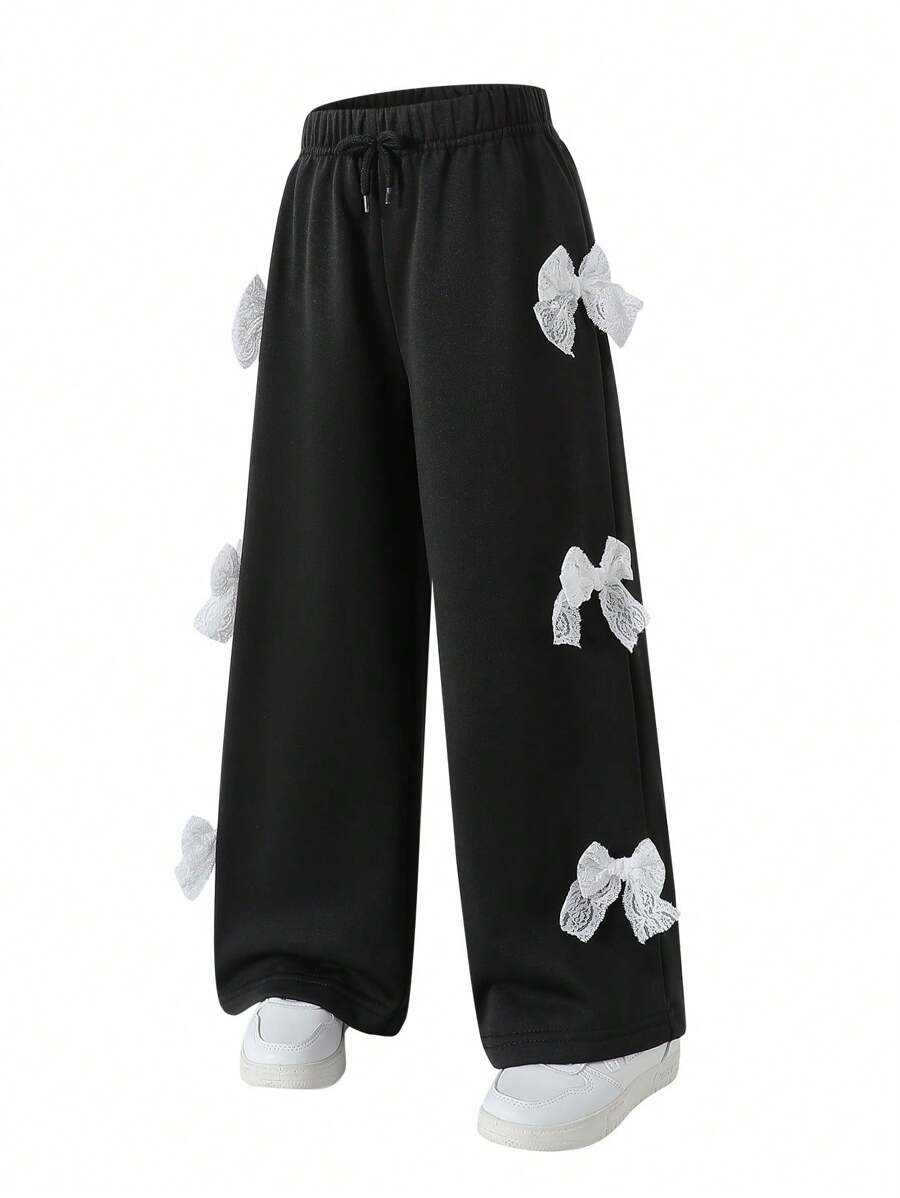 Young Girls Casual Lace Bow Knot Wide-Leg Pants, Sportswear Pants With Bows Bow Pants Lace Bow Pants Kawaii Pants Cute Pants - Black - View 1