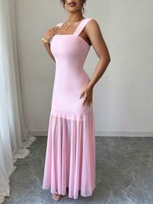 Elenzga Robe longue élégante femme pratique et décontractée, charmante pour les vacances, la remise des diplômes, les festivals de musique. Robe femme douce à fines bretelles, avec ceinture à la taille, jupe évasée et empiècements en maille, couleur unie - Rose pâle - Voir 7