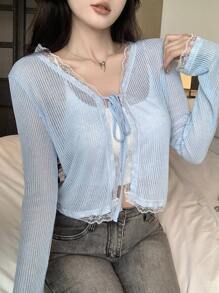 DAZY 女式蕾丝拼布抽绳系带袖口长袖上衣，秋季女装 - 藍色 - 查看 2
