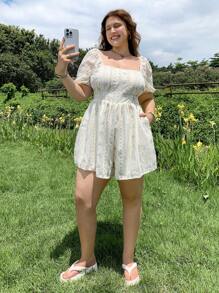 SHEIN EZwear 大码度假休闲提花梭织连体裤，浅蓝色 - 白色 - 查看 5