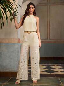 ZEYLAH 女士度假松紧腰刺绣侧褶阔腿裤 - 杏色 - 查看 5