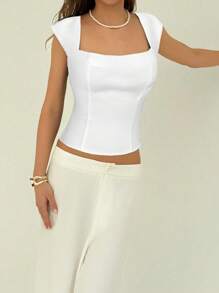 Aloruh 复古方领超低胸性感露胸短款上衣，适合性感女孩 - 白色 - 查看 6