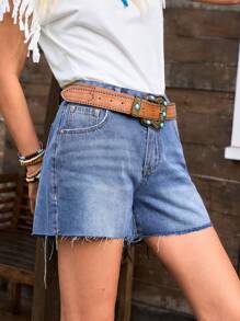 SHEIN LilyWest Quần short denim giặt đa năng có túi và viền tua rua dành cho nữ - Rửa trung bình - Xem 6