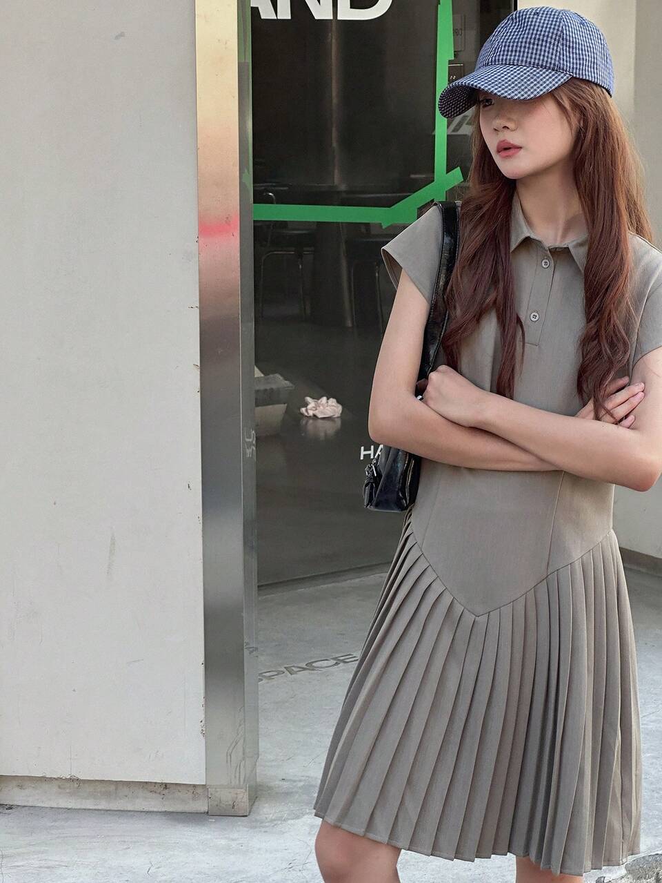 Teen Girls' Plain Color Polo Collar Short Sleeve Pleated Hem Casual Dress, Summer,Back To School Clothes