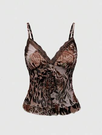 J-Fashion Y2K Vintage Blumen & Leopard Spitzenkante Schleife Bodycon Cami Top für Damen