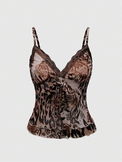 J-Fashion Top ajustado sin mangas con estampado floral y de leopardo, y bordado de encaje con lazo para mujer, estilo Y2K vintage
