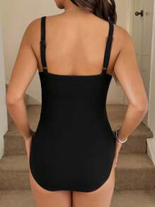 SHEIN Maternity Ribbed High Elastic Bodycon Suspender Bodysuit Black Maternity Slim Bodysuit Casual - Black - View 2