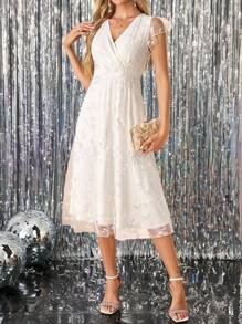 SHEIN Clasi Ruffle Sleeve Waist-Cinched Lace & Mesh Wedding Guest Dress, Elegant & Beautiful,Bohemia - White - View 1