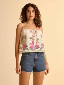CAJUNI Bohemian Floral Print Vacation Casual Tie Strap Ruffle Trim Women Camisole