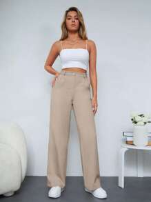 SHEIN Cottnline Women's Simple Solid Color Button Front Straight Leg Work Pants - Beige - View 4