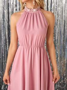 SHEIN Clasi Women's Sleeveless Midi Dress With Pearl Collar Design, Suitable For Wedding, Spring/Summer, Pink