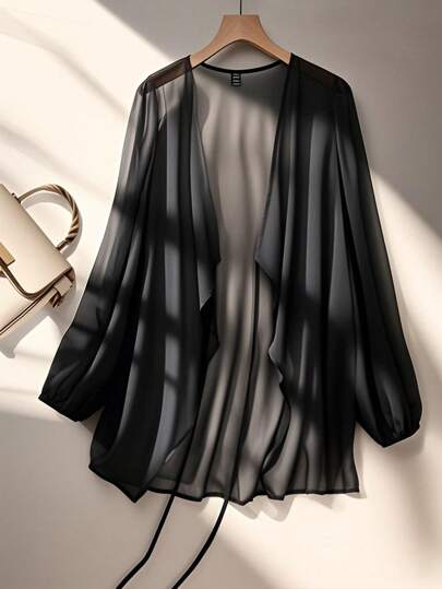 Franclia Plus Size Chiffon Drawstring Casual Long Lightweight Jacket Fall Winter Cloth For Women Autumn