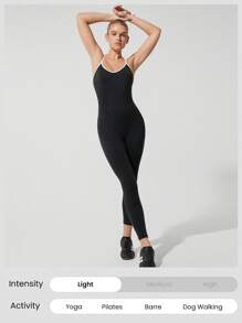 GLOWMODE 24" FeatherFit™-Air Glow Get Em Crossover Straps Butt Scrunch Removable Cups Contrast Color Bodysuit Romper Low-Impact Yoga Pilates Studio Daily Casual Wear