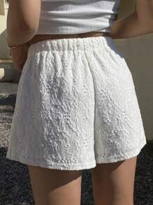 Livesso Women's Lace Jacquard Drawstring Waist Loose Casual Shorts - White - View 3