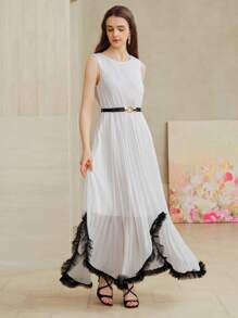 MOTF PREMIUM CHIFFON BELTED ASYMMETRICAL CONTRAST TRIM PLEATED DRESS - White - View 6