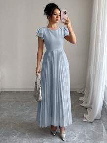 Modelyn 女式喇叭泡泡袖褶皱连衣裙 - 灰藍色 - 查看 3